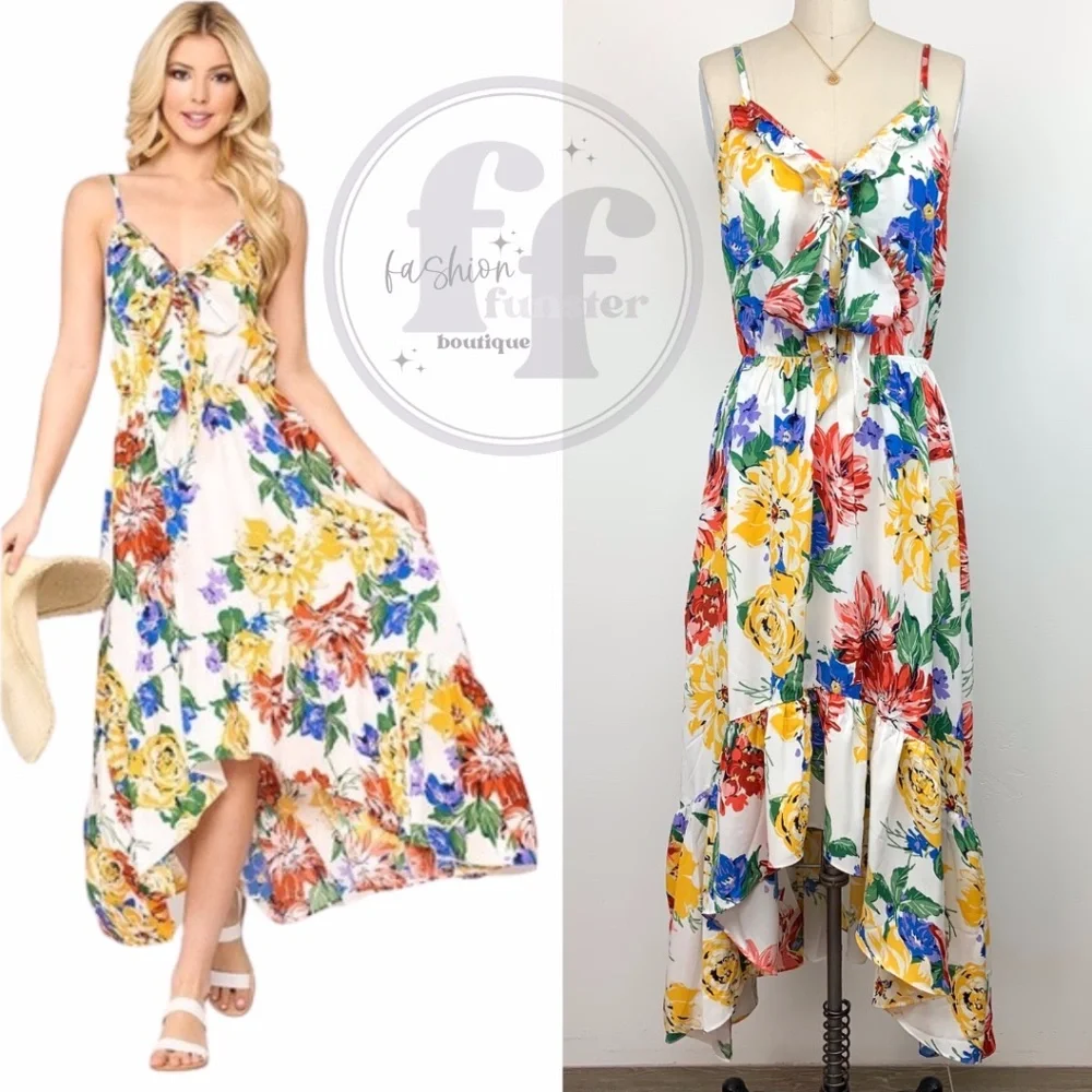 Gigio Rainbow Pop Art Floral Print Ruffle Bow Scarf Bodice High Low Maxi Dress - Picture 1 of 9